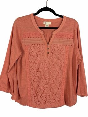 Style & Co Petite Coral Lace Panel Blouse 3/4 Sleeve Boho Top Petite Large
